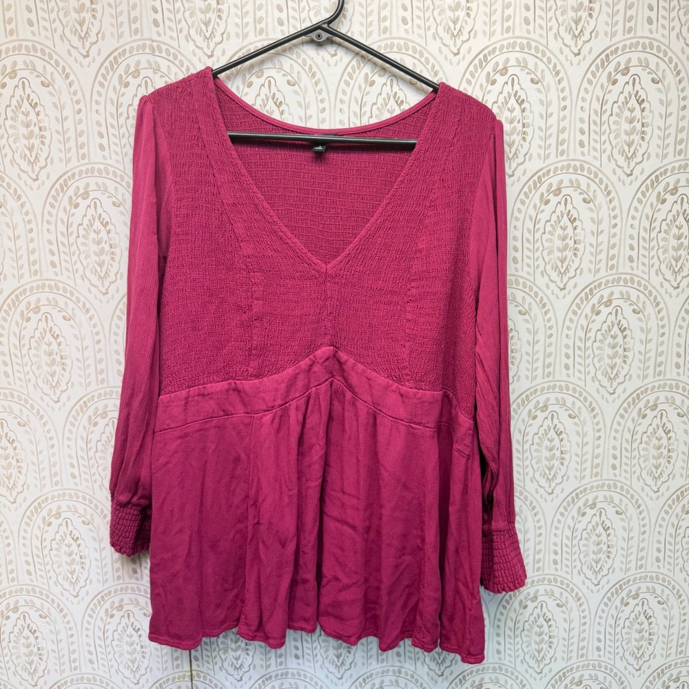 Torrid Blouse Womens 3 Pink Smocked Babydoll Peplum V-Neck Long Sleeve Rayon Top